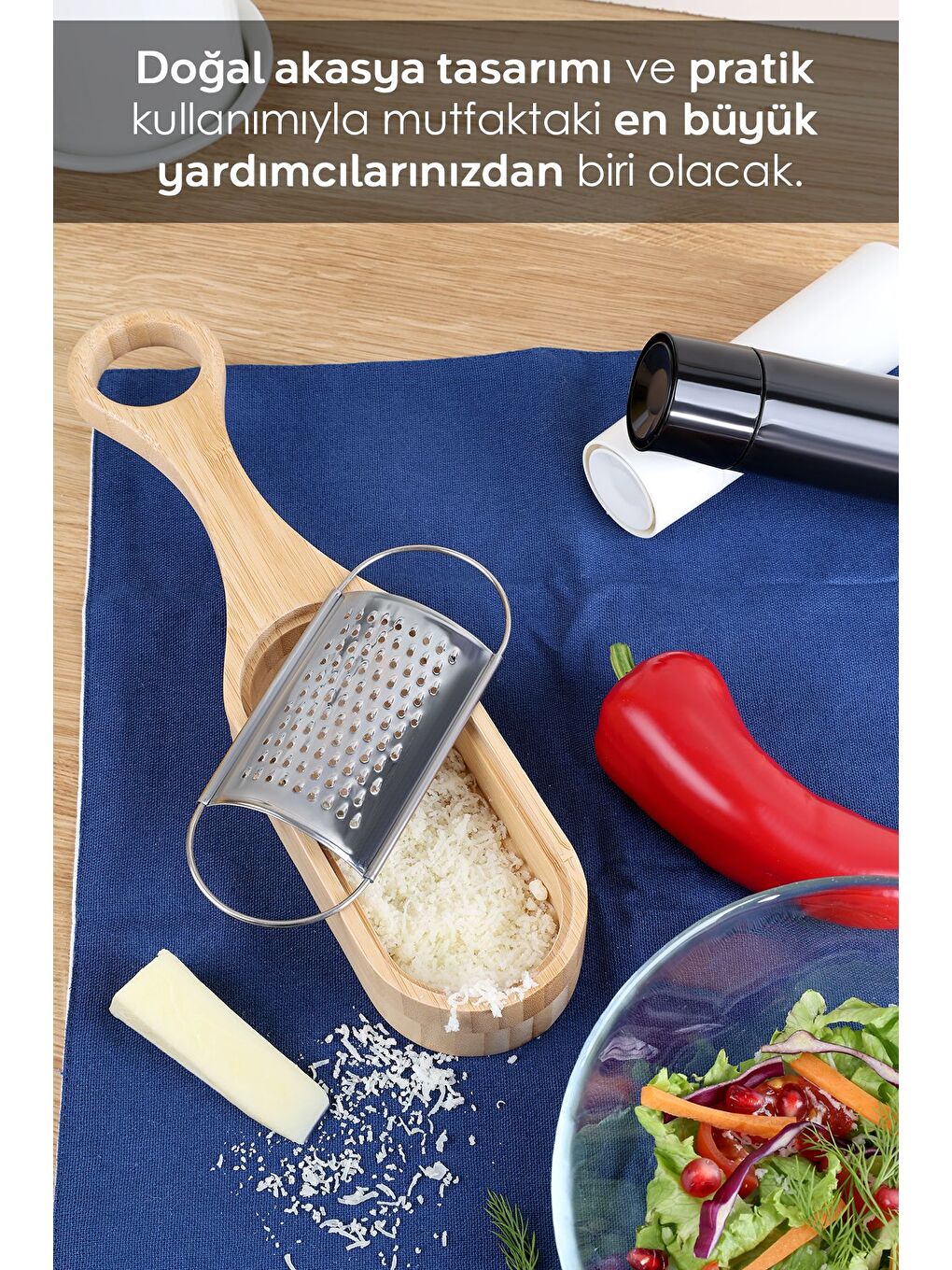 Bej Bambu Saplı Hazneli Rende Peynir Limon Zencefil Sarımsak Rendesi El Rendesi-2