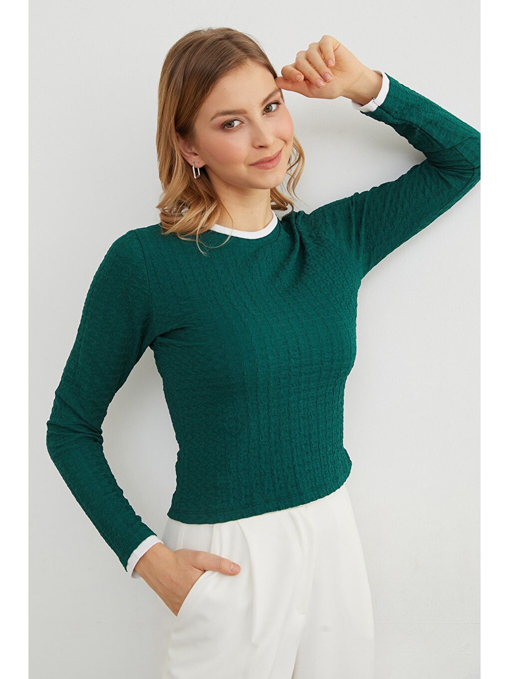 Yeşil Bürümcük Kumaş Biyeli Bluz-3