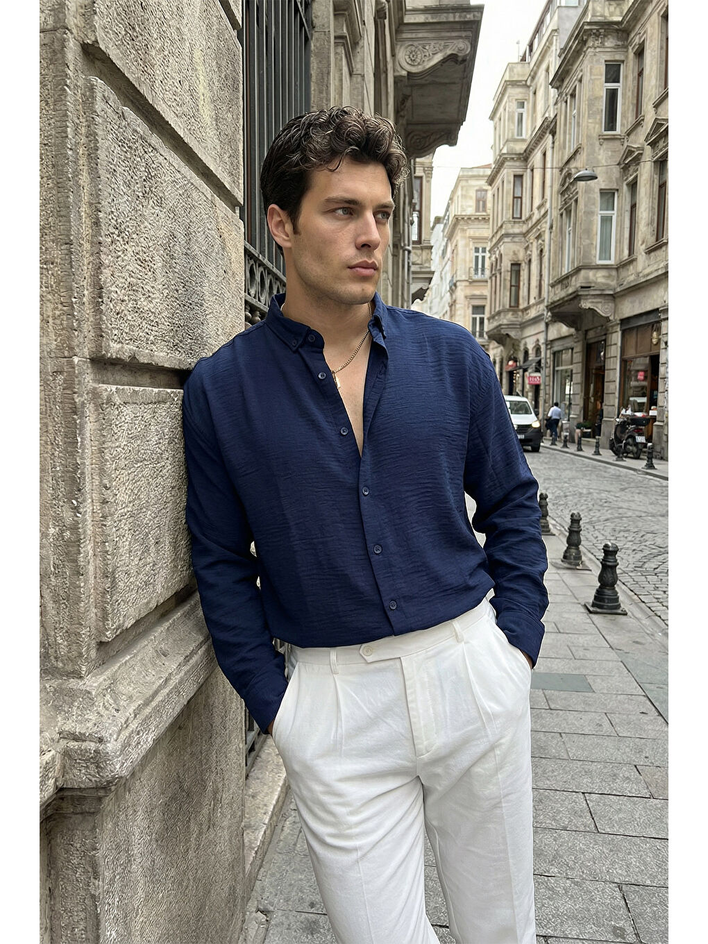 Lacivert Somin Premium Erkek Oversize Keten Görünümlü Gömlek-1