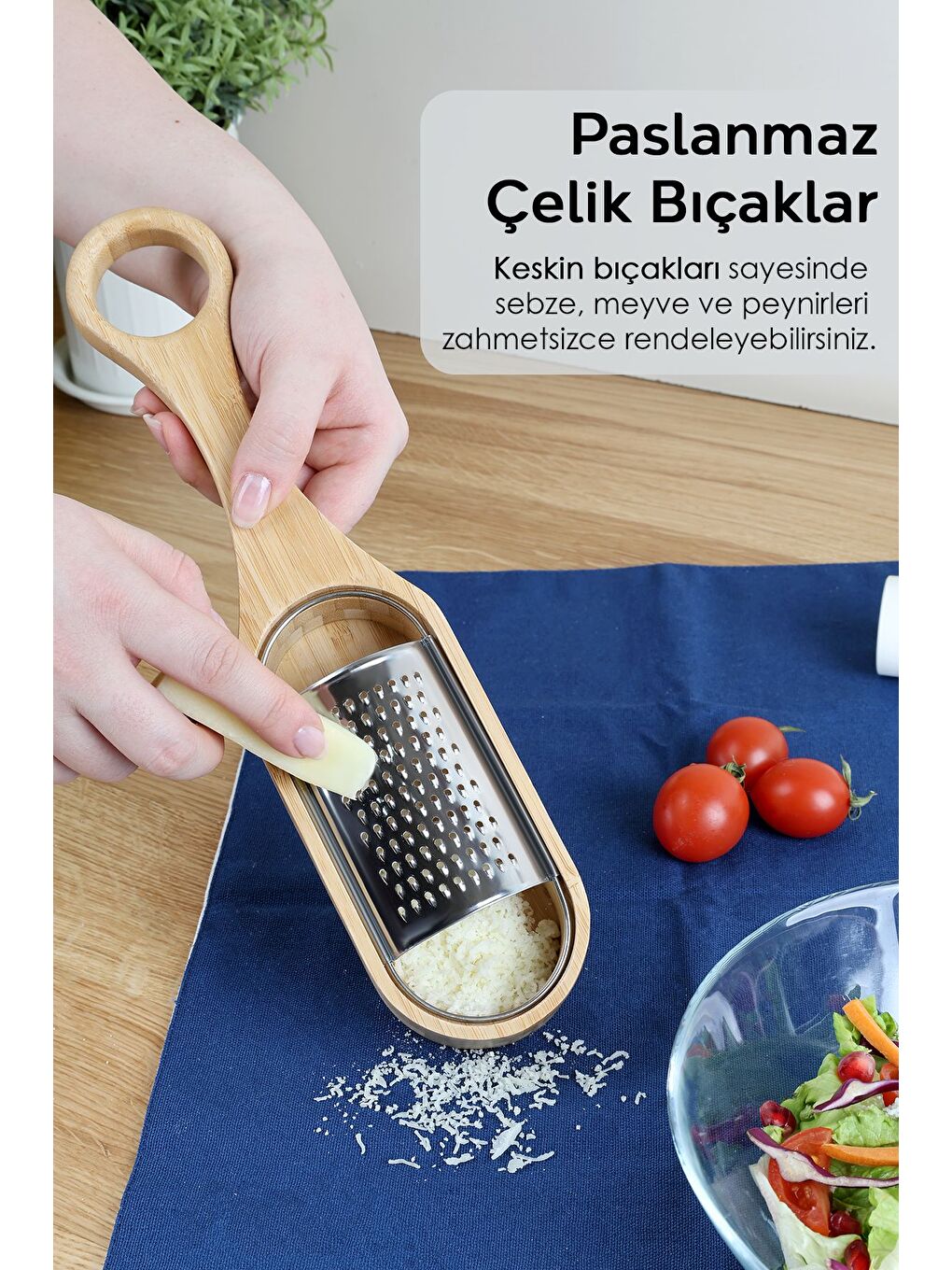 Bej Bambu Saplı Hazneli Rende Peynir Limon Zencefil Sarımsak Rendesi El Rendesi-3