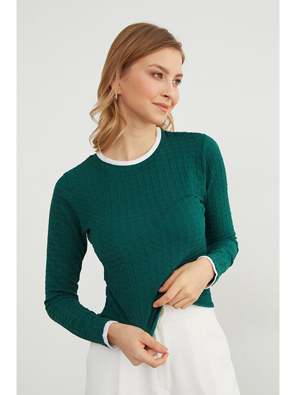 Yeşil Bürümcük Kumaş Biyeli Bluz-4