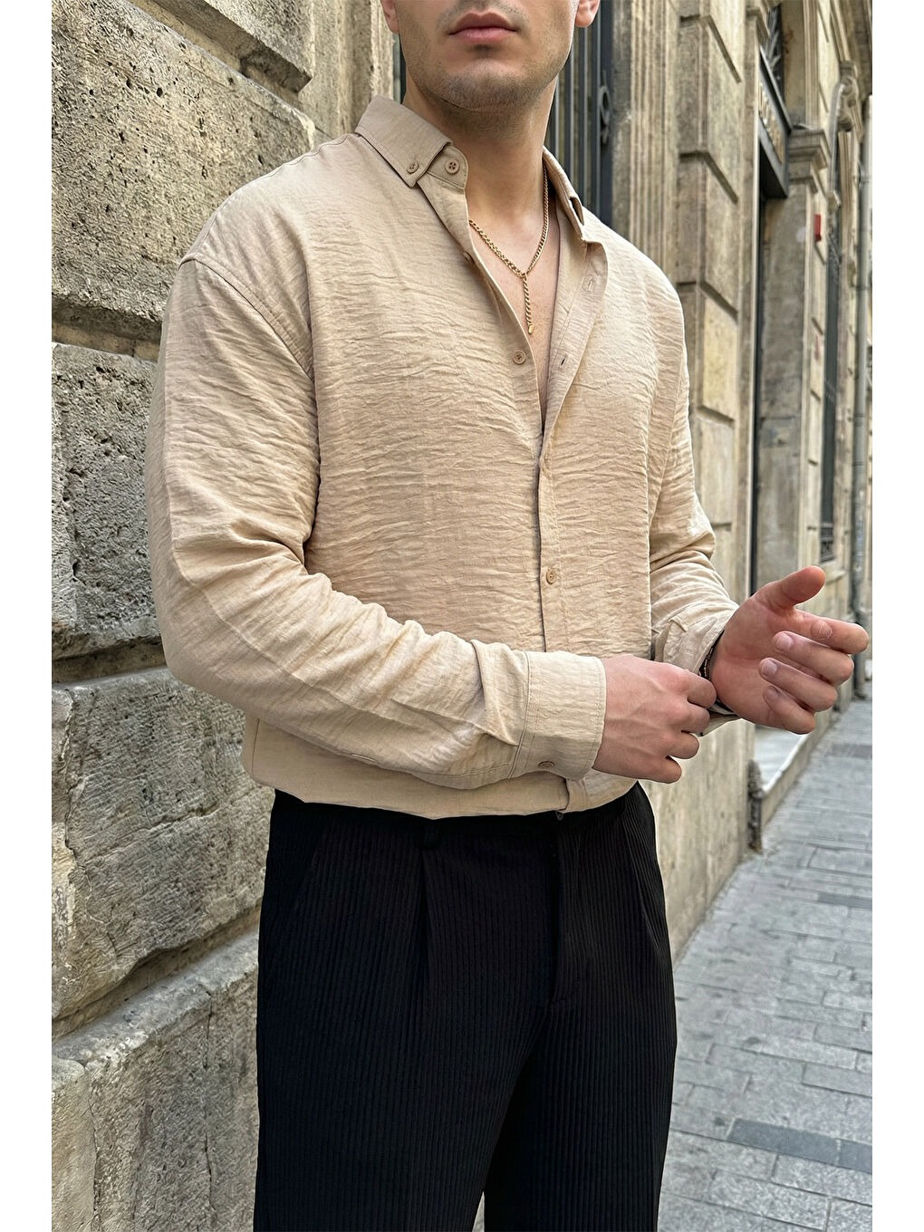 Bej Somin Premium Erkek Oversize Keten Görünümlü Gömlek-4