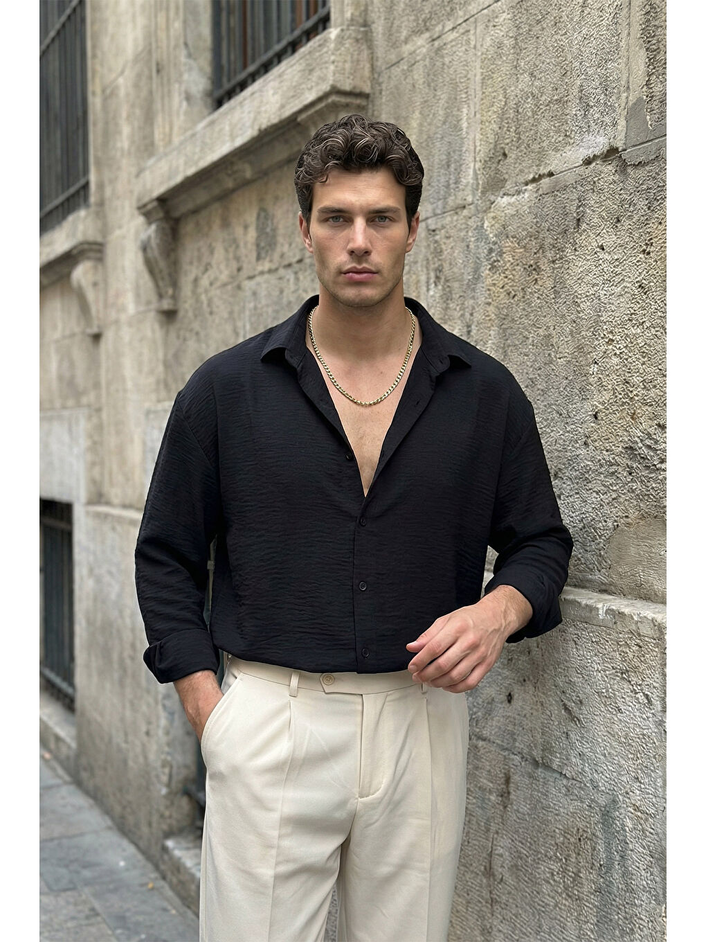 Siyah Somin Premium Erkek Oversize Keten Görünümlü Gömlek-5