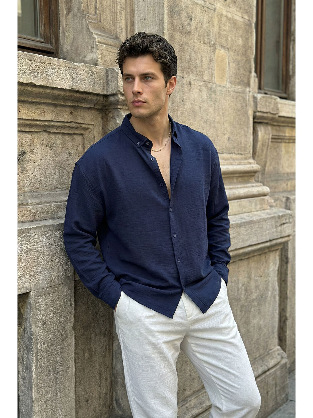 Lacivert Somin Premium Erkek Oversize Keten Görünümlü Gömlek-2