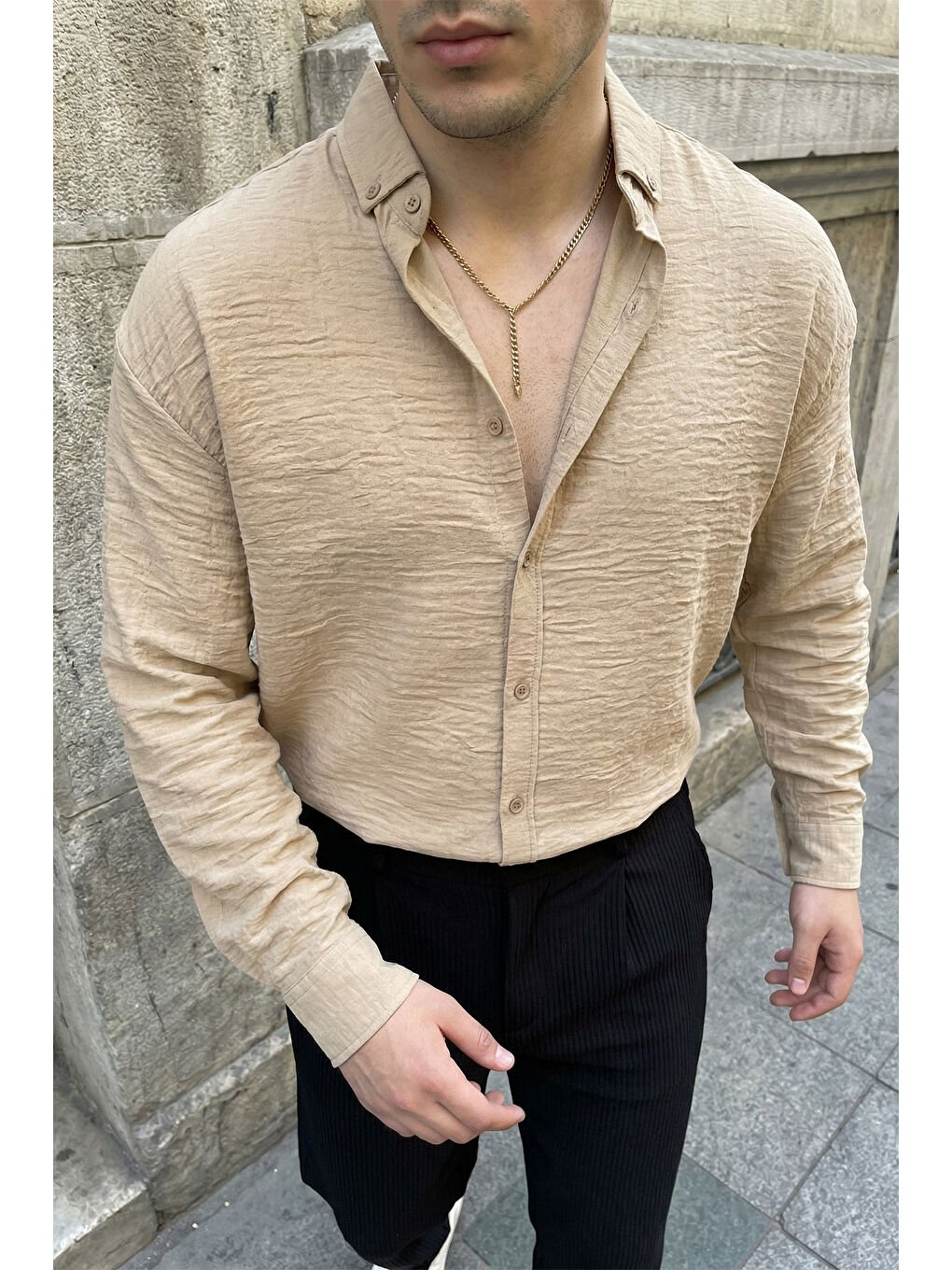 Bej Somin Premium Erkek Oversize Keten Görünümlü Gömlek-5