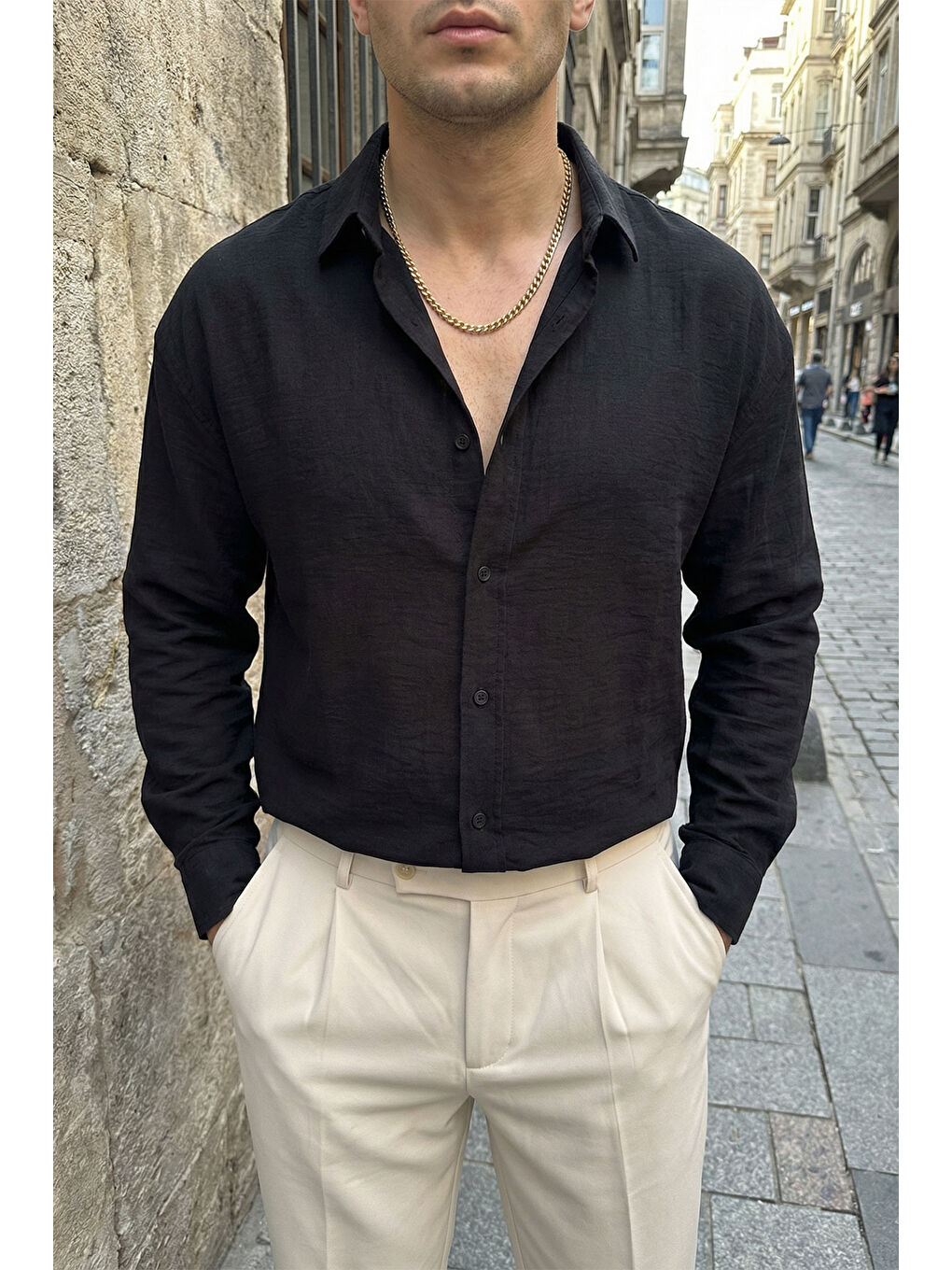 Siyah Somin Premium Erkek Oversize Keten Görünümlü Gömlek-6