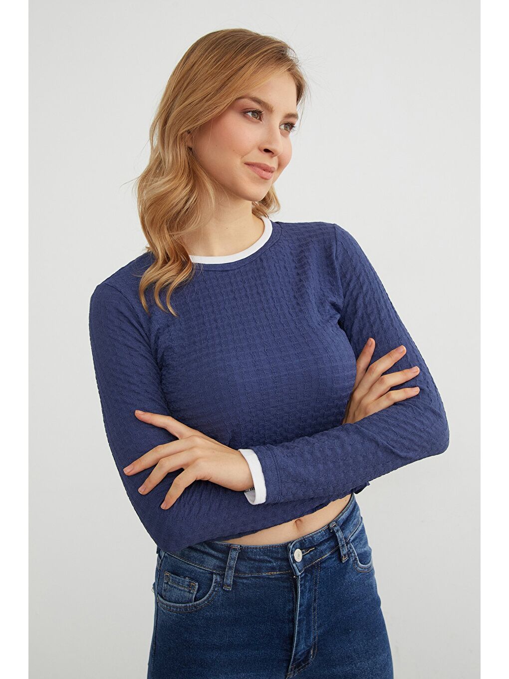 Lacivert Bürümcük Kumaş Biyeli Bluz-2