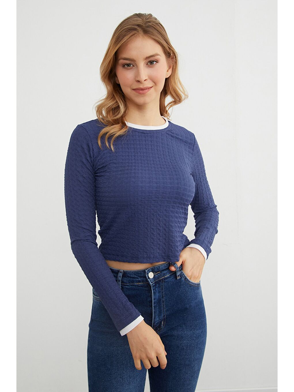 Lacivert Bürümcük Kumaş Biyeli Bluz-3