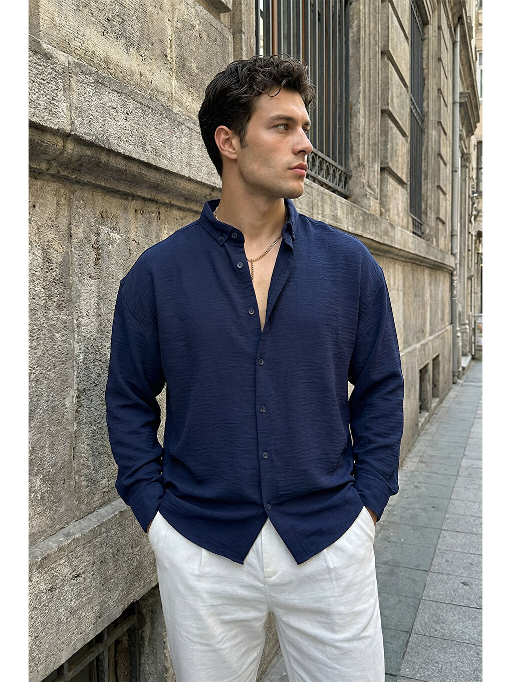 Lacivert Somin Premium Erkek Oversize Keten Görünümlü Gömlek-3
