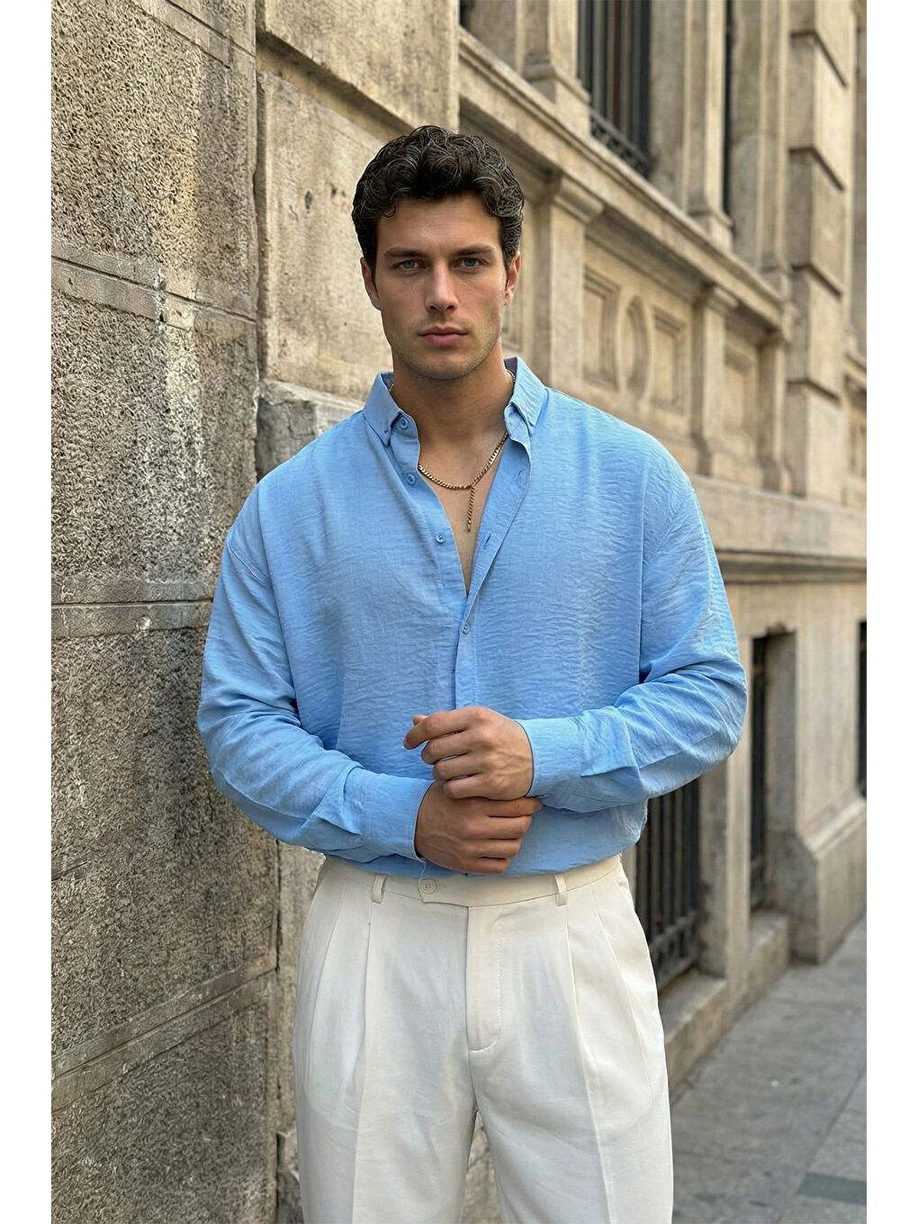 Mavi Somin Premium Erkek Oversize Keten Görünümlü Gömlek-1