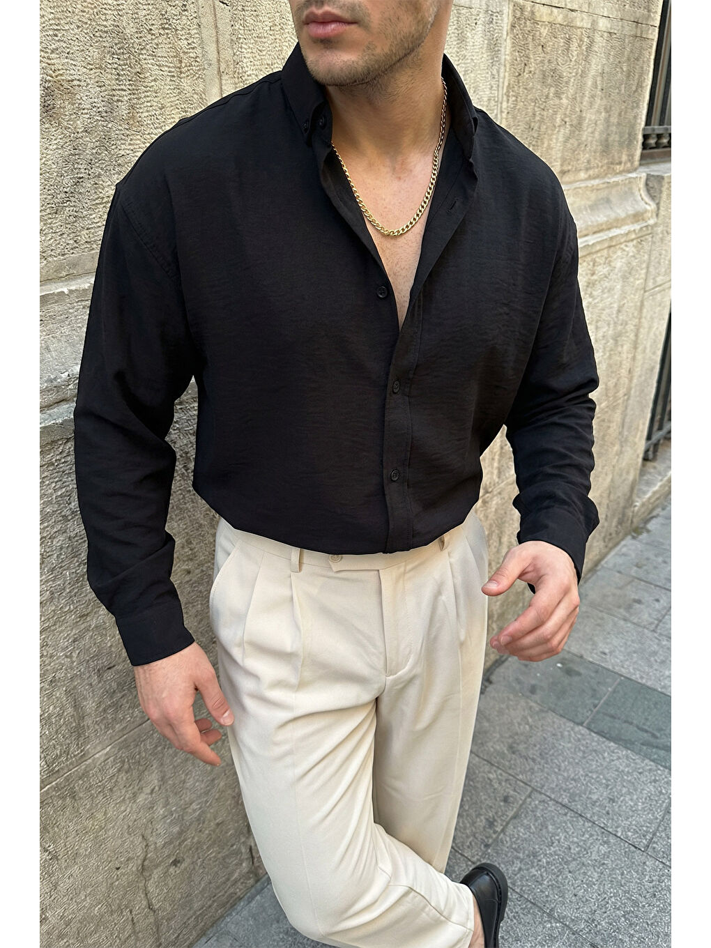 Siyah Somin Premium Erkek Oversize Keten Görünümlü Gömlek-7