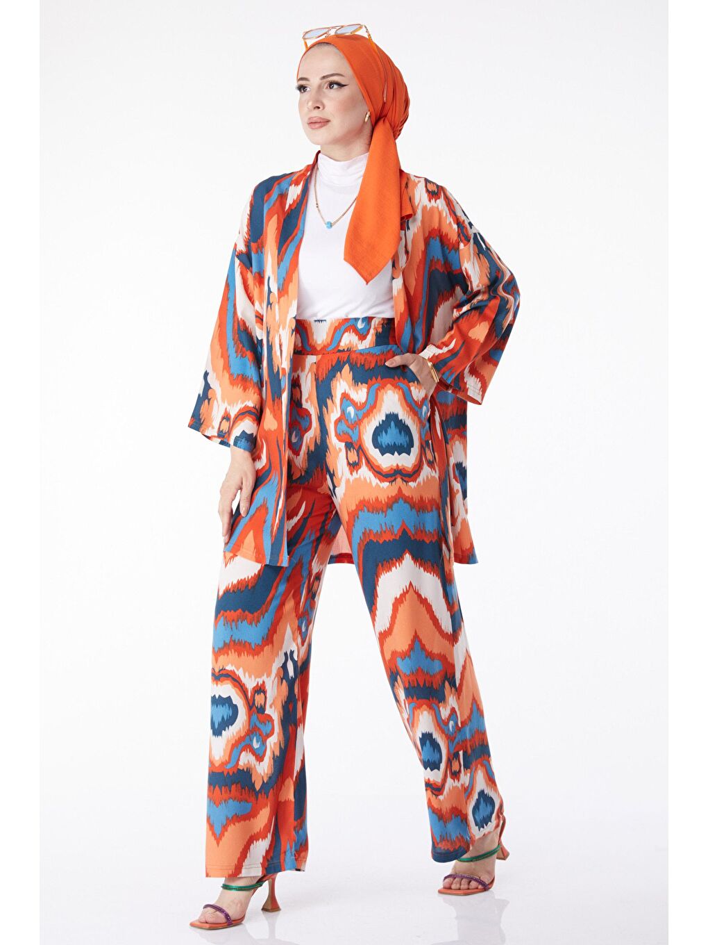 Ceket Yaka Kadın Turuncu Kimono Pantolon İkili Takım - 13222