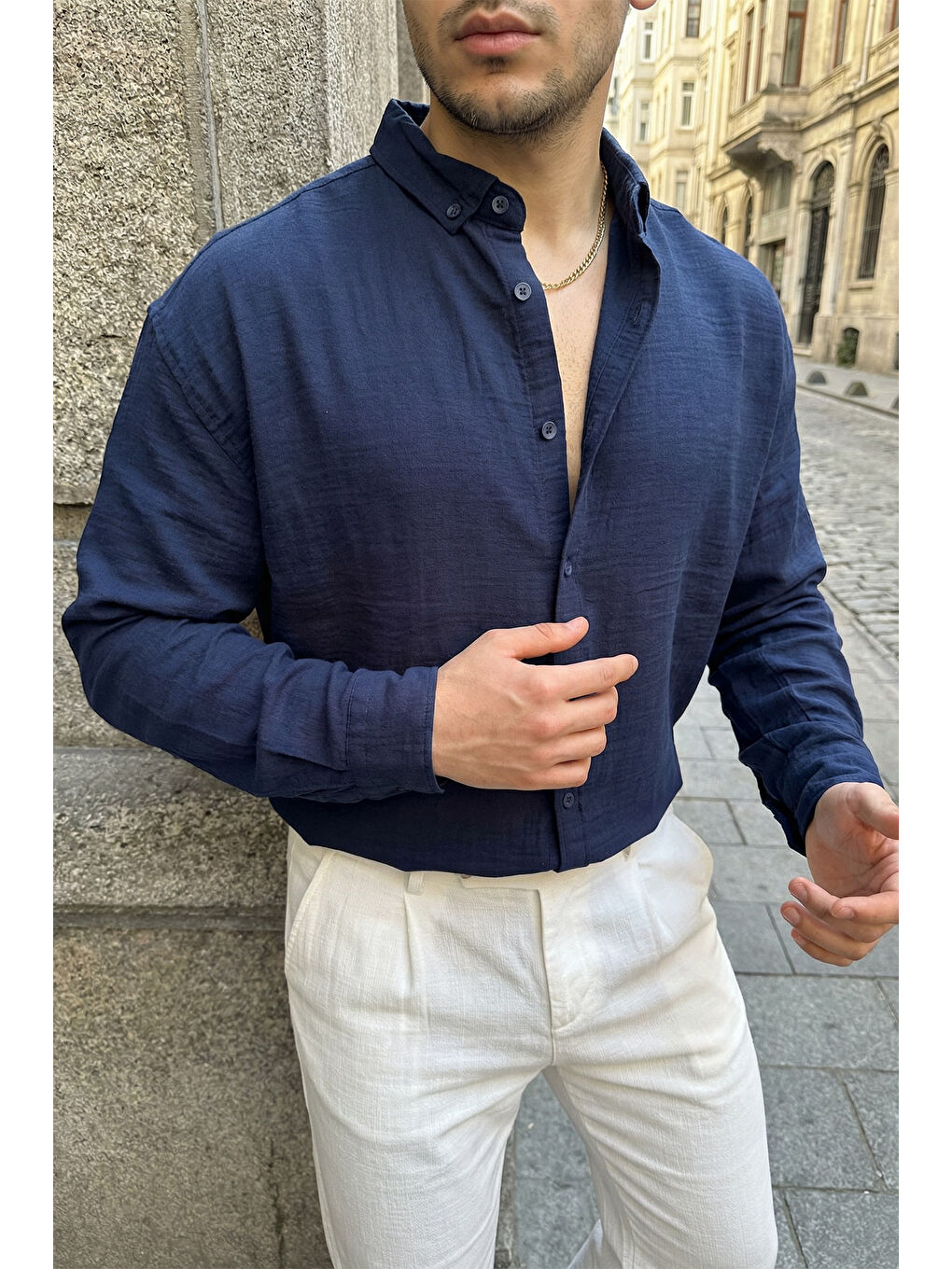 Lacivert Somin Premium Erkek Oversize Keten Görünümlü Gömlek-4