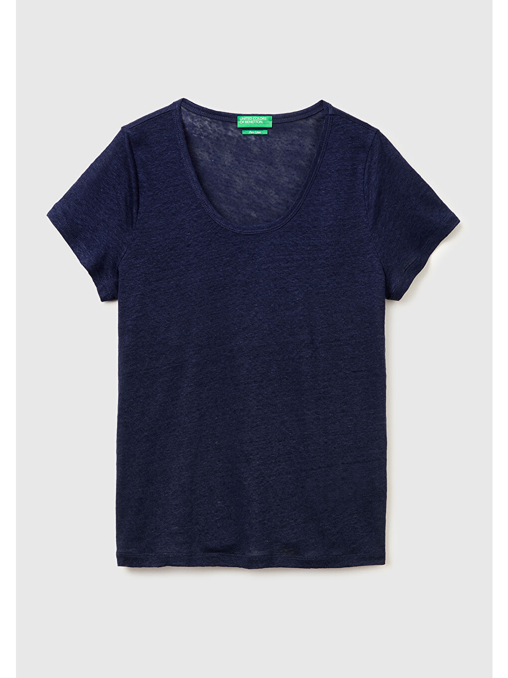 Kadın Lacivert %100 Keten Geniş Yaka Kısa Kollu T-Shirt