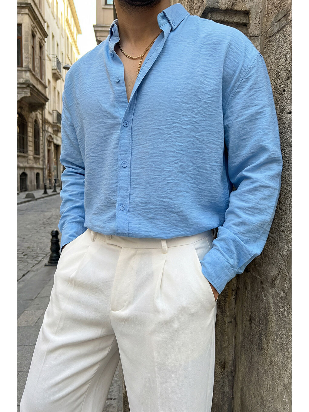 Mavi Somin Premium Erkek Oversize Keten Görünümlü Gömlek-2