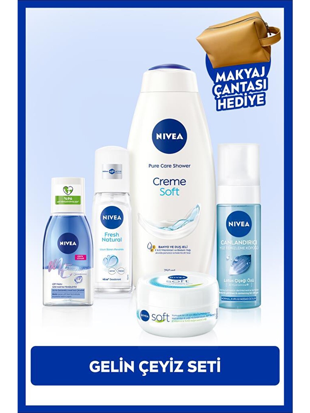 Gelin Çeyiz Seti, Duş Jeli,yüz Yıkama Köpüğü,deodorant,göz Makyaj Temizleyici Ve Krem, Çanta Hediye