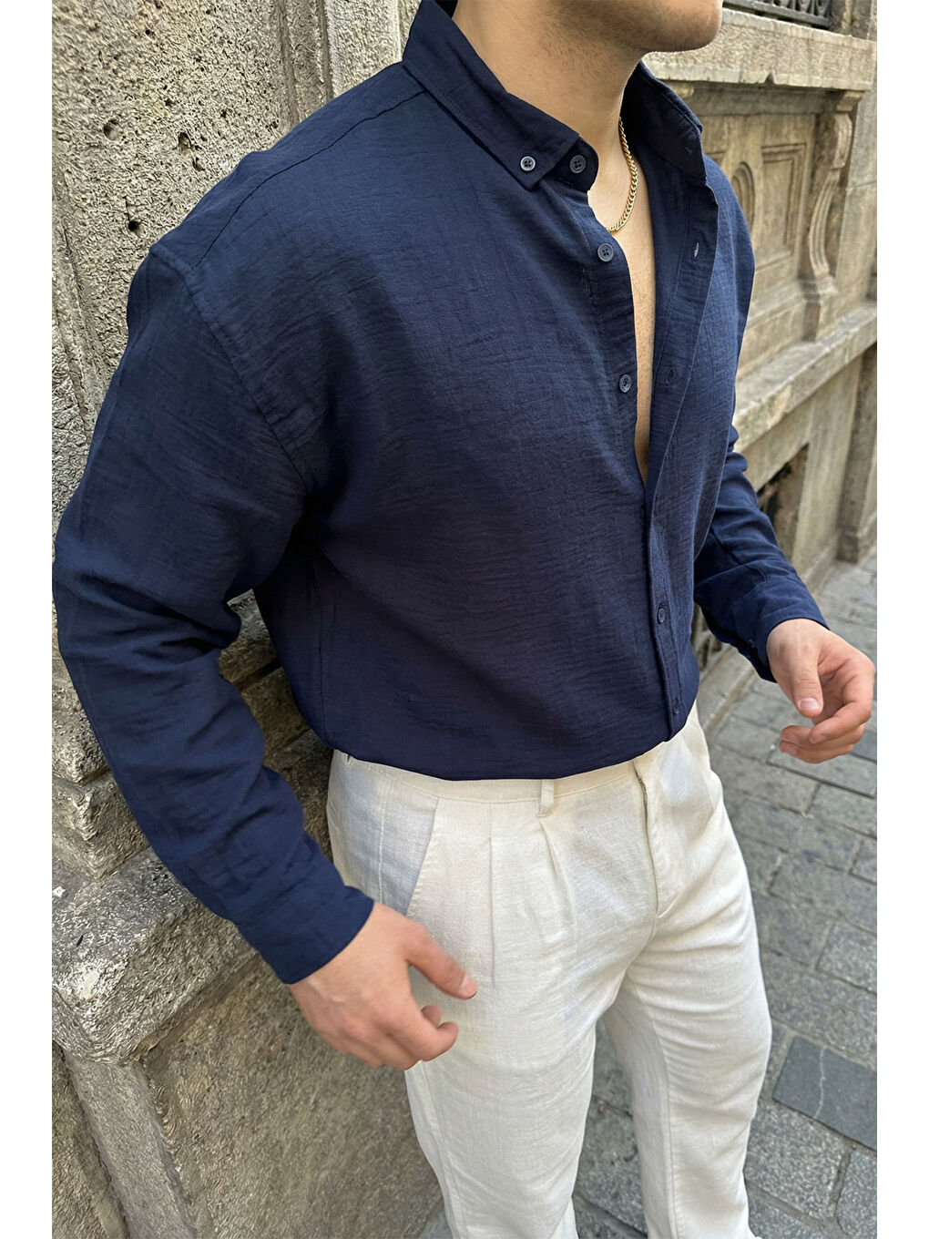 Lacivert Somin Premium Erkek Oversize Keten Görünümlü Gömlek-5