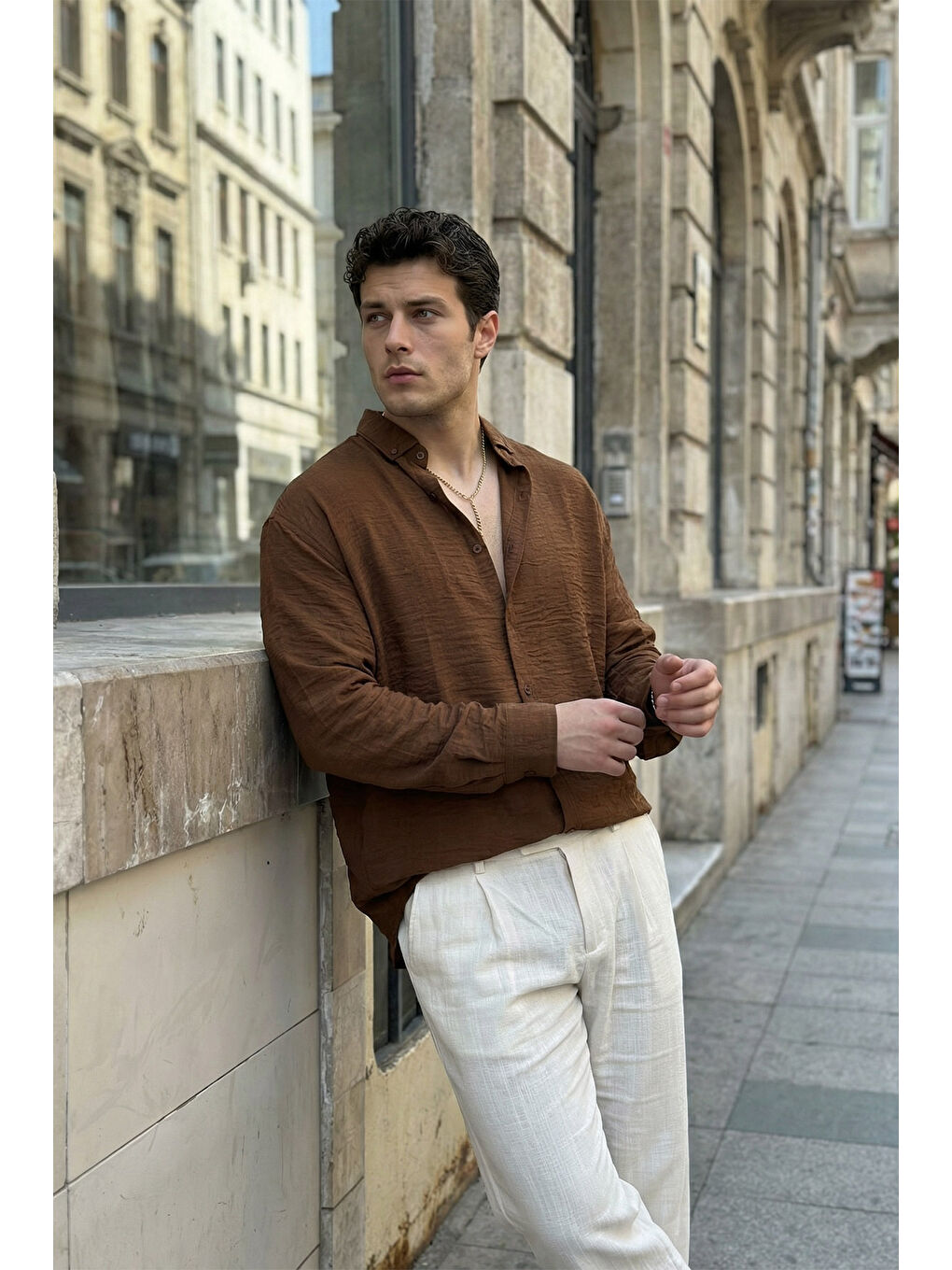 Kahverengi Somin Premium Erkek Oversize Keten Görünümlü Gömlek-1