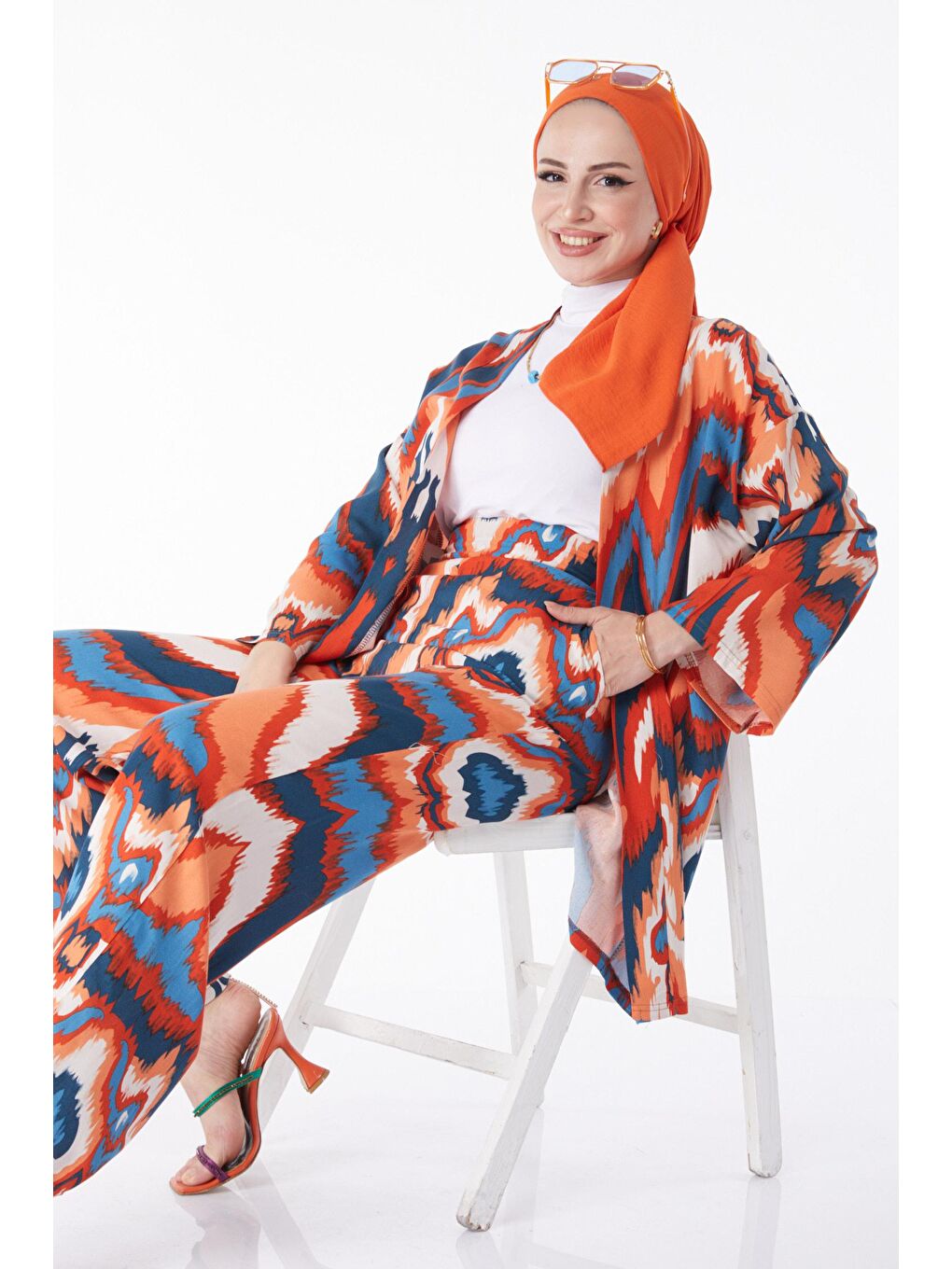 Ceket Yaka Kadın Turuncu Kimono Pantolon İkili Takım - 13222-1