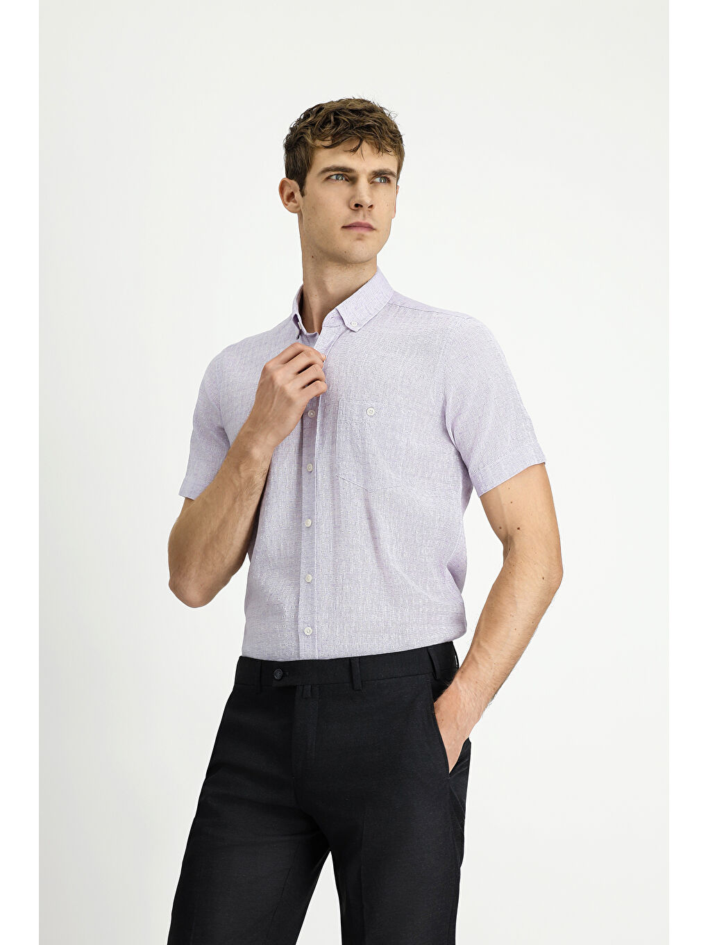 Lila Kısa Kol Regular Fit Desenli Düğmeli Yaka Pamuklu Keten Karışımlı Gömlek