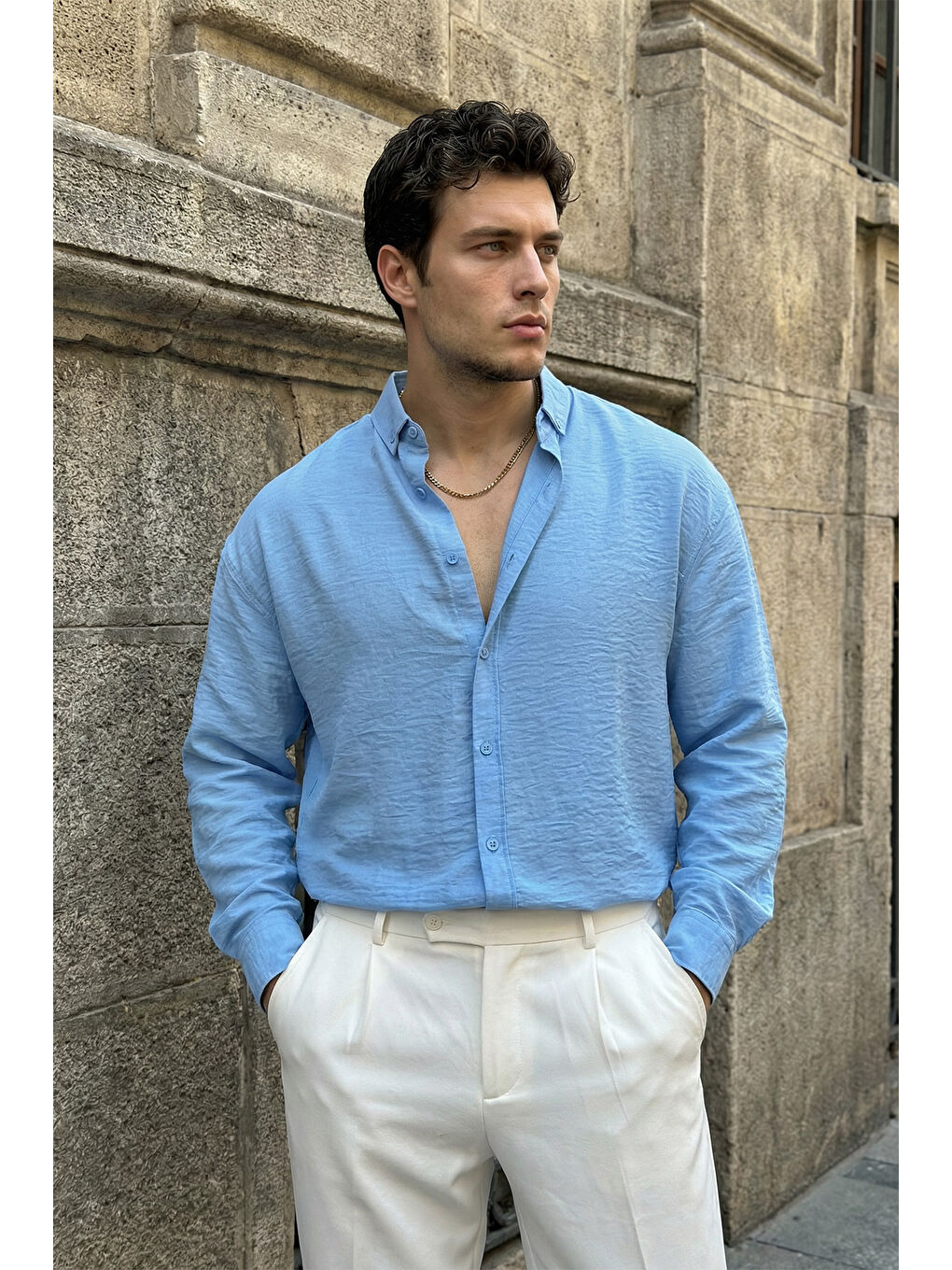 Mavi Somin Premium Erkek Oversize Keten Görünümlü Gömlek-3