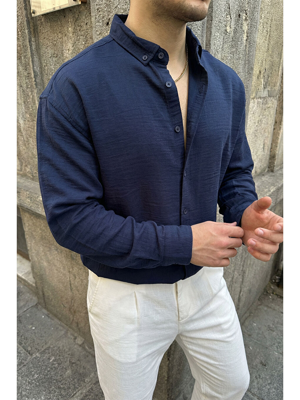 Lacivert Somin Premium Erkek Oversize Keten Görünümlü Gömlek-6