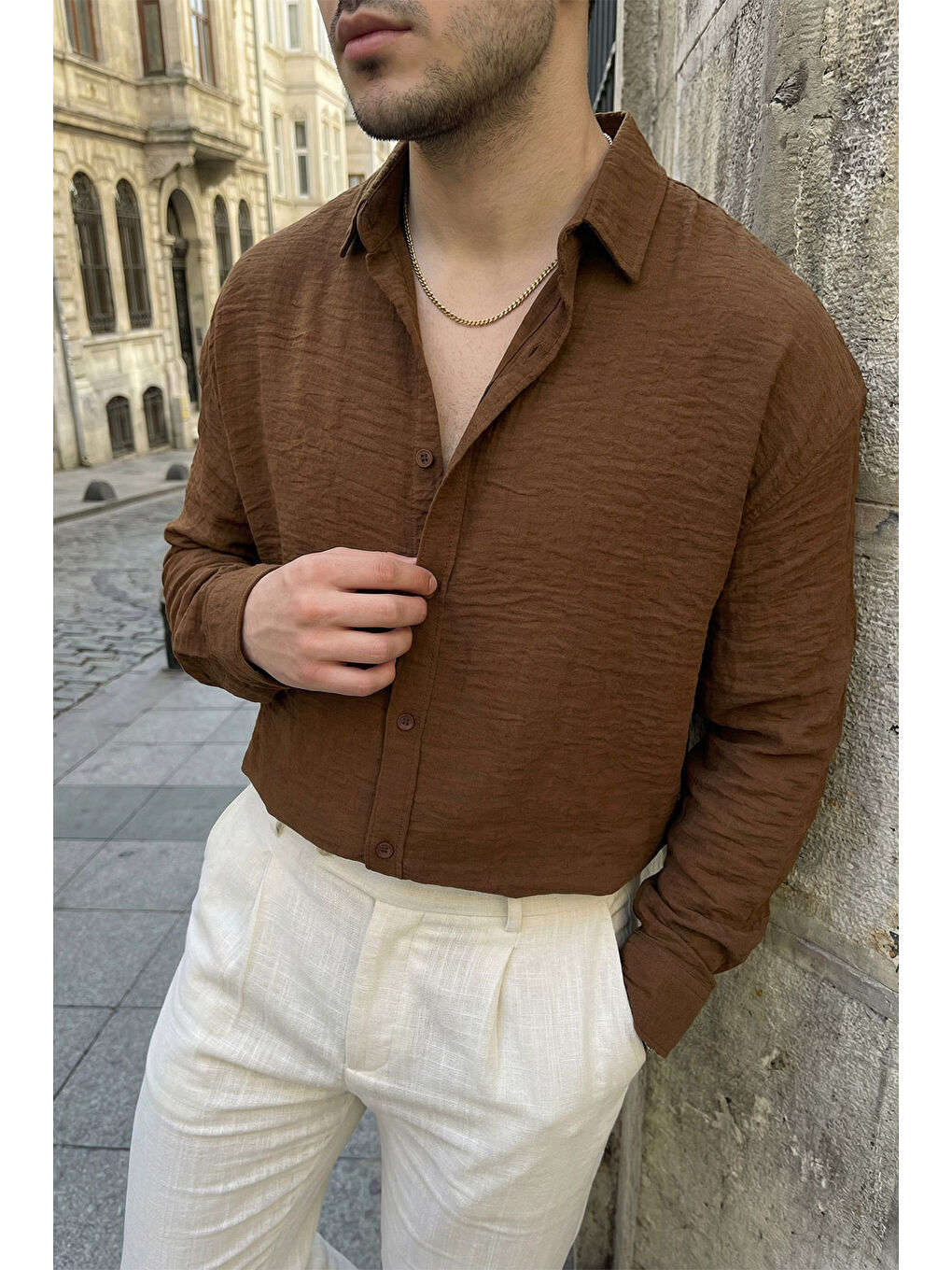 Kahverengi Somin Premium Erkek Oversize Keten Görünümlü Gömlek-2
