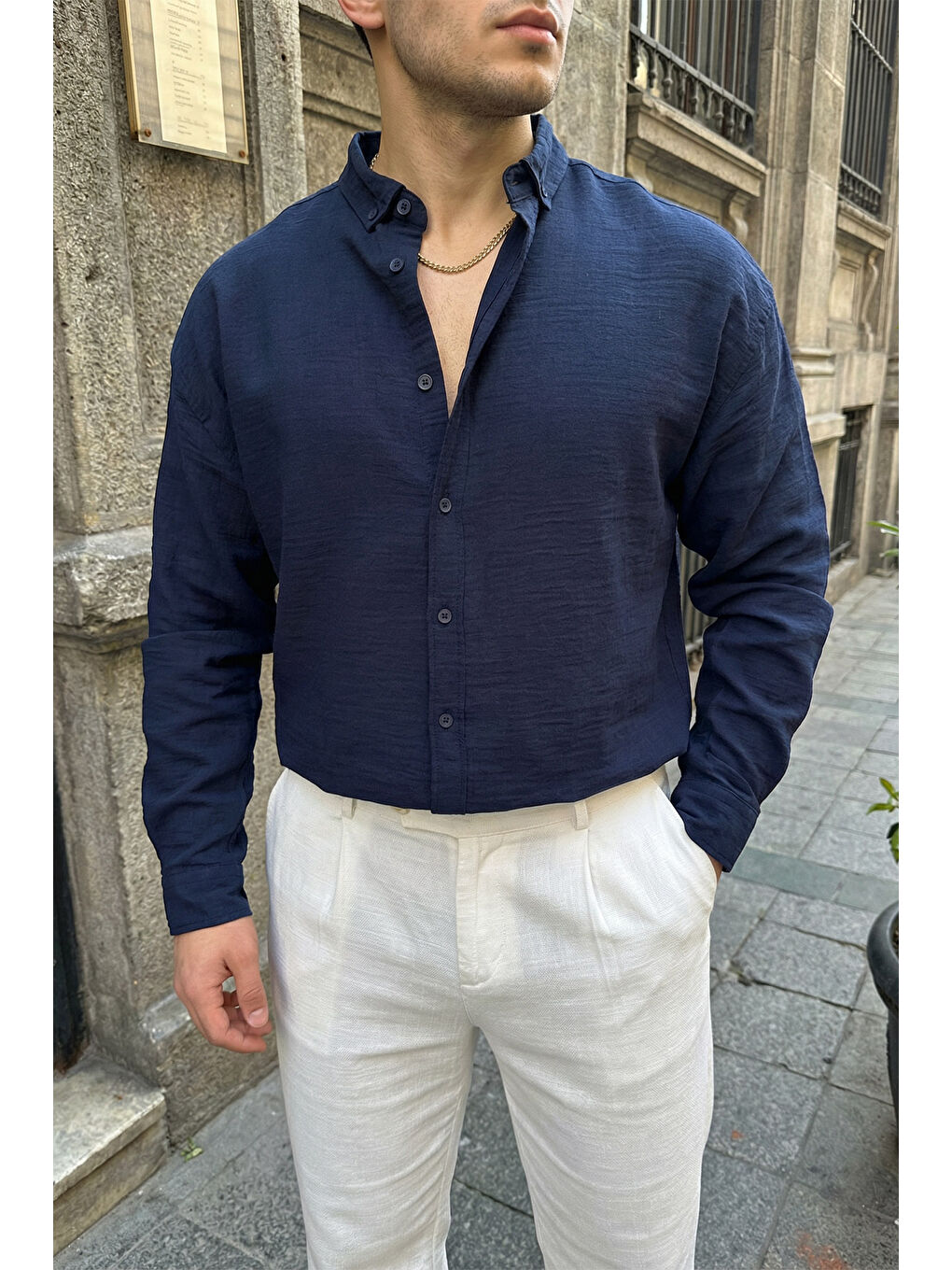 Lacivert Somin Premium Erkek Oversize Keten Görünümlü Gömlek-7