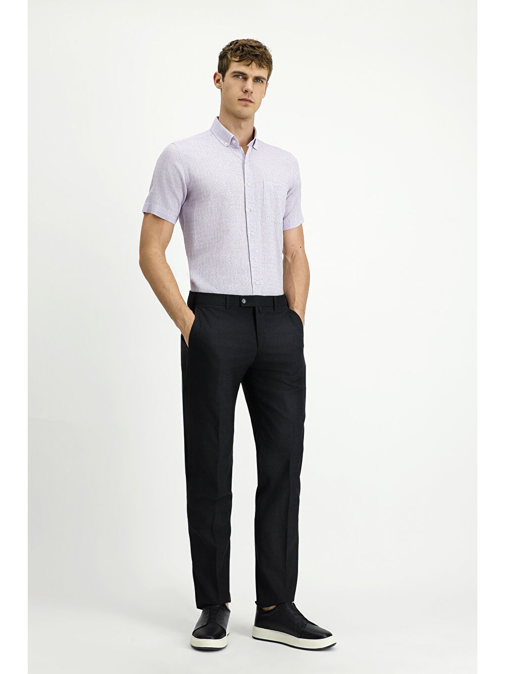 Lila Kısa Kol Regular Fit Desenli Düğmeli Yaka Pamuklu Keten Karışımlı Gömlek-1