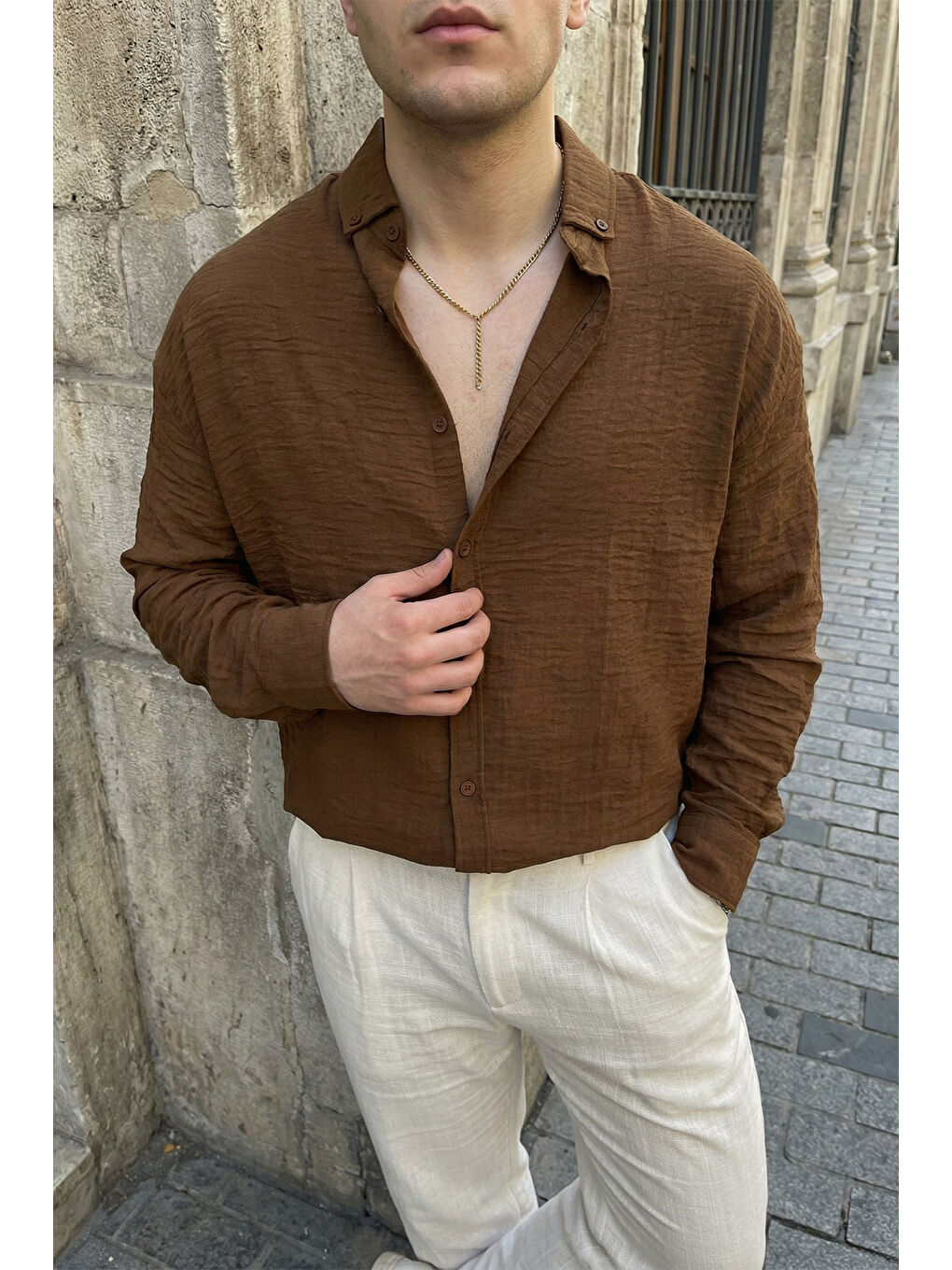 Kahverengi Somin Premium Erkek Oversize Keten Görünümlü Gömlek-3