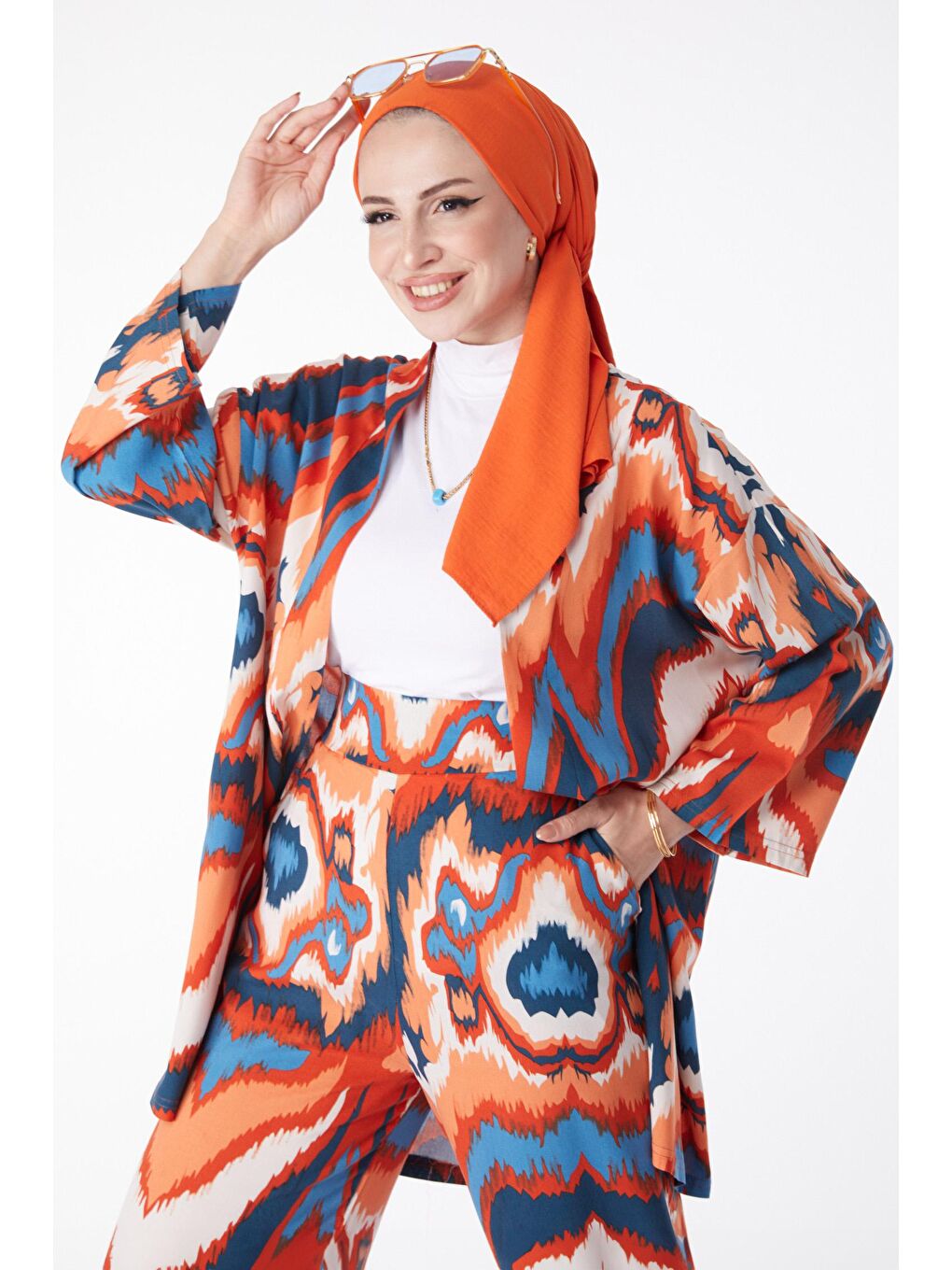 Ceket Yaka Kadın Turuncu Kimono Pantolon İkili Takım - 13222-2