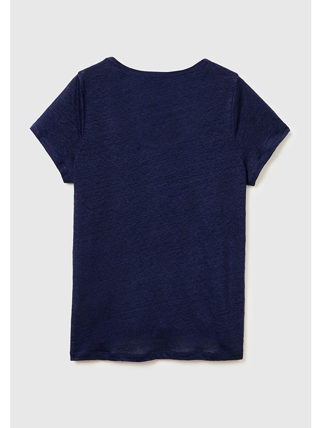 Kadın Lacivert %100 Keten Geniş Yaka Kısa Kollu T-Shirt-1