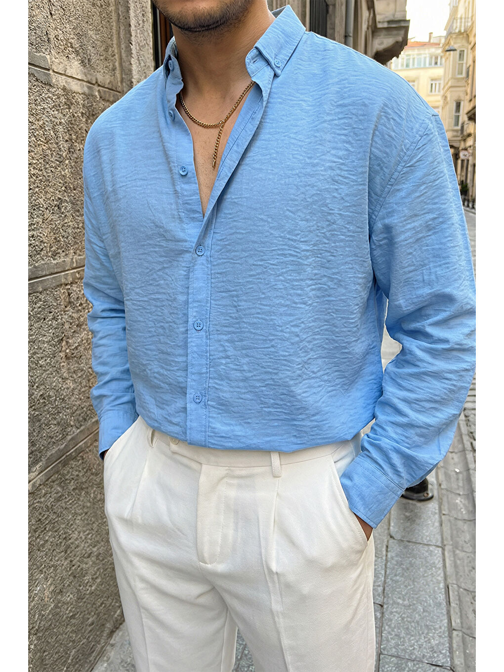 Mavi Somin Premium Erkek Oversize Keten Görünümlü Gömlek-4