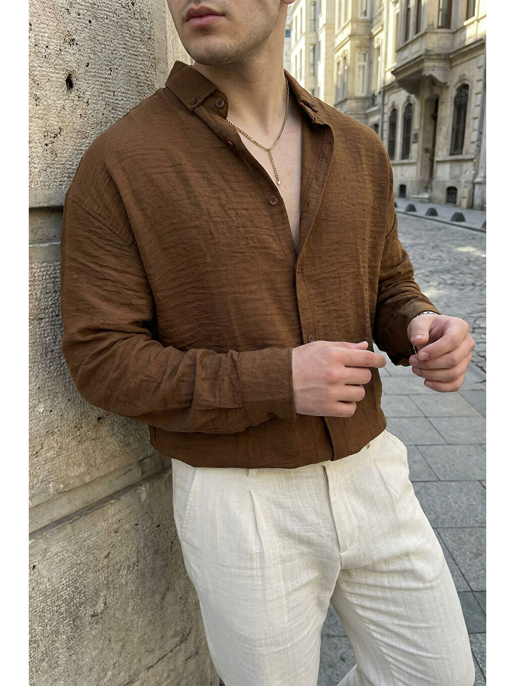 Kahverengi Somin Premium Erkek Oversize Keten Görünümlü Gömlek-4