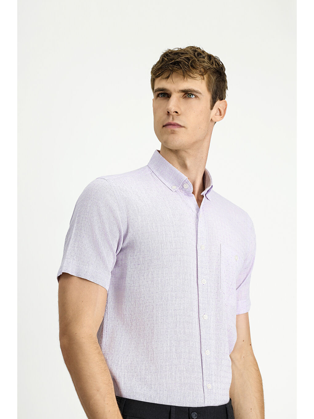 Lila Kısa Kol Regular Fit Desenli Düğmeli Yaka Pamuklu Keten Karışımlı Gömlek-2