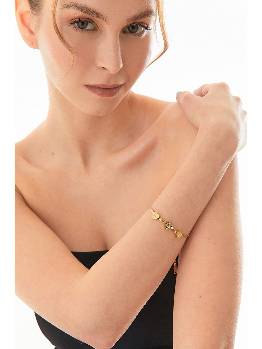 Sarı Boncuklu Kalpli Çelik Bileklik-2