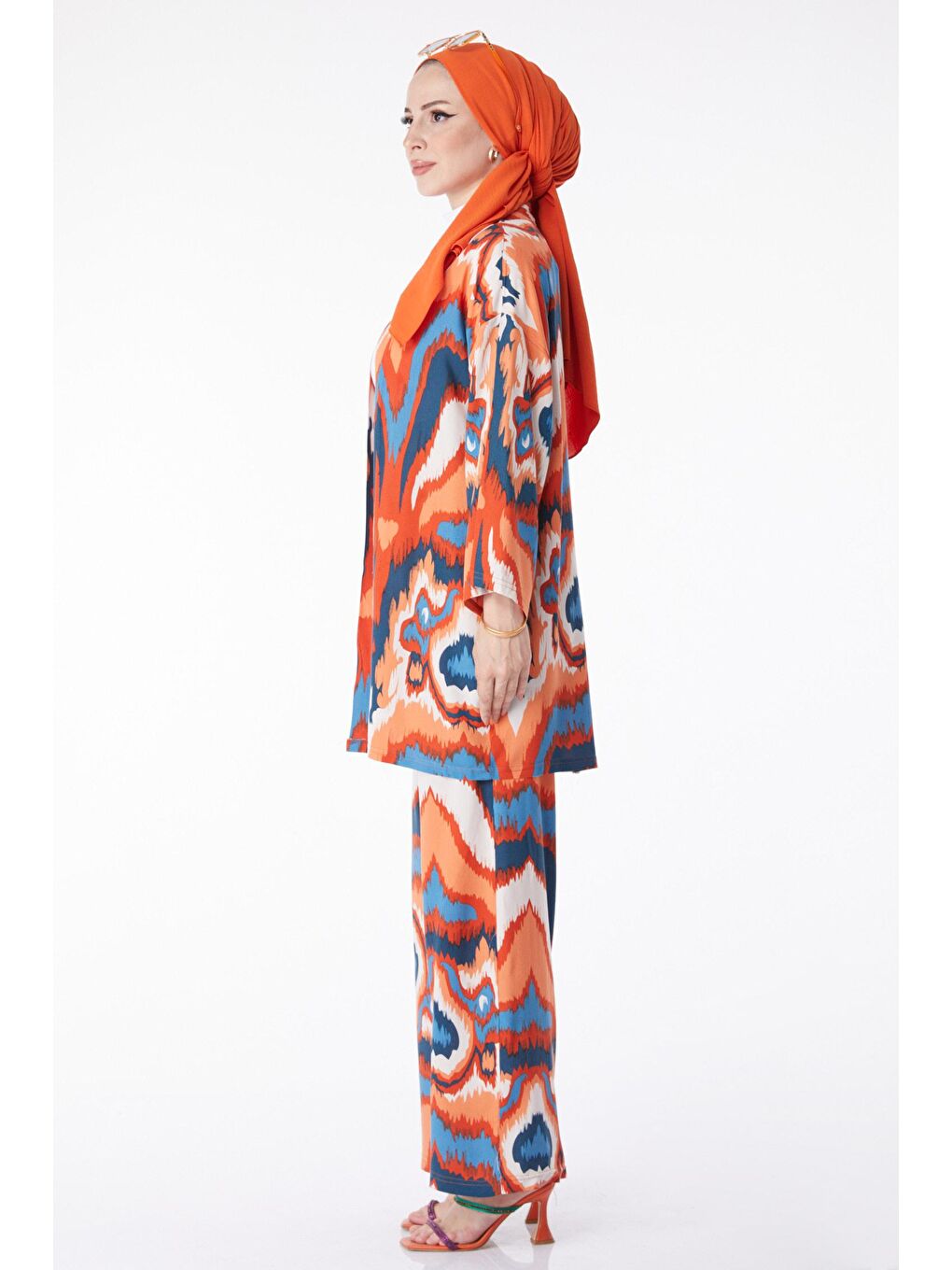 Ceket Yaka Kadın Turuncu Kimono Pantolon İkili Takım - 13222-3