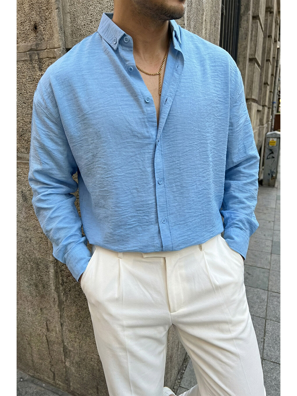 Mavi Somin Premium Erkek Oversize Keten Görünümlü Gömlek-5