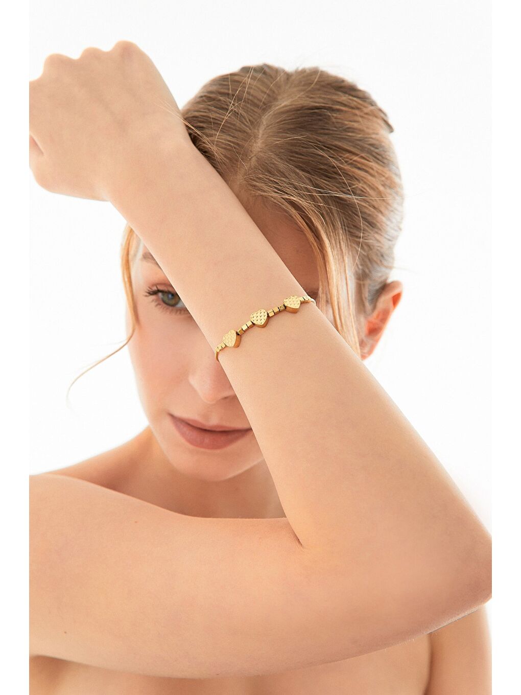 Sarı Boncuklu Kalpli Çelik Bileklik-4