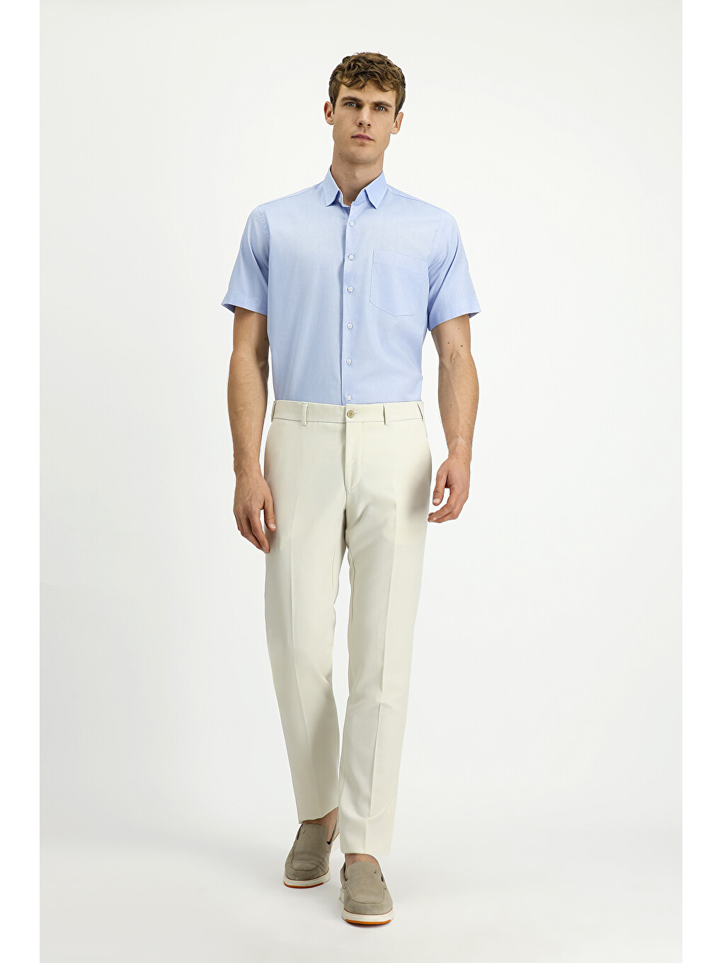 Mavi Kısa Kol Regular Fit Desenli Pamuk Gömlek-1
