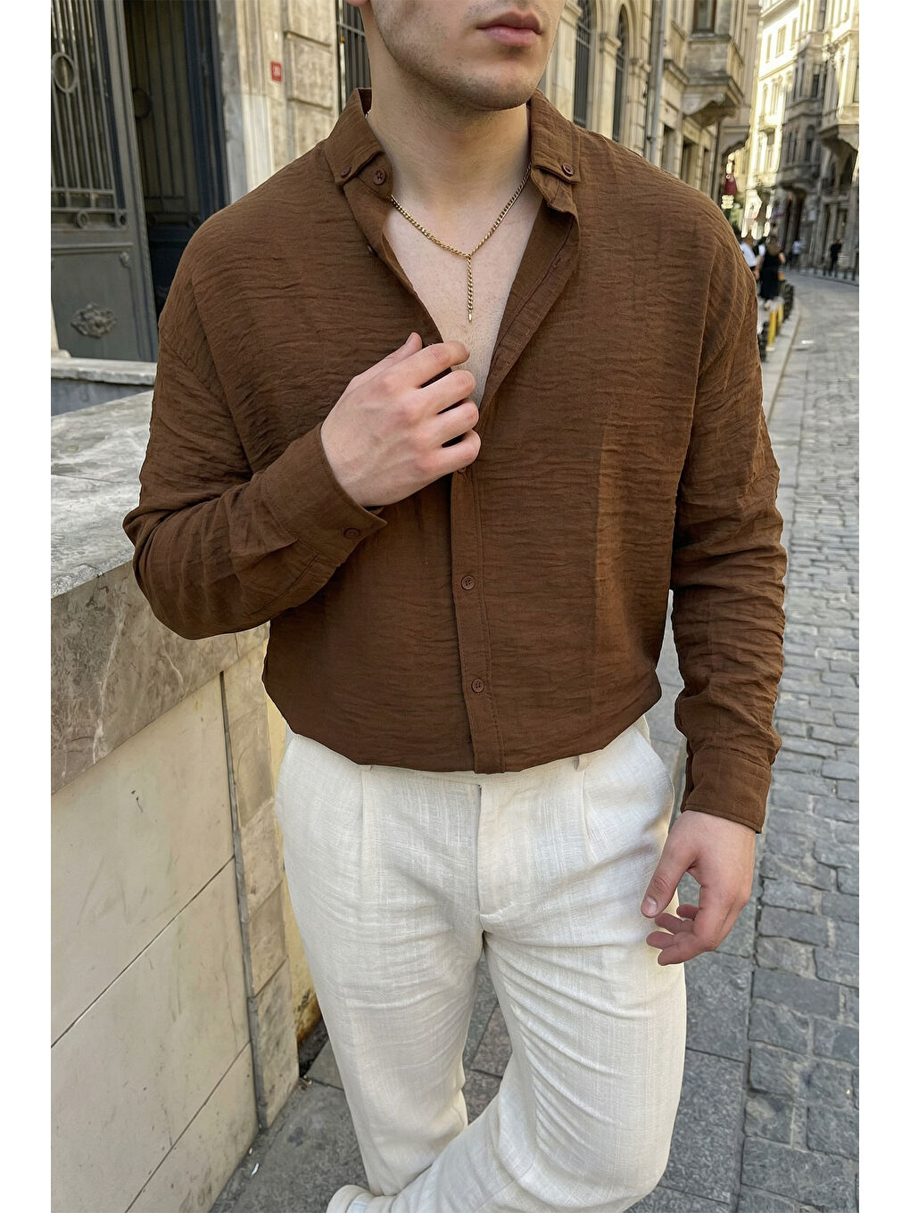 Kahverengi Somin Premium Erkek Oversize Keten Görünümlü Gömlek-5