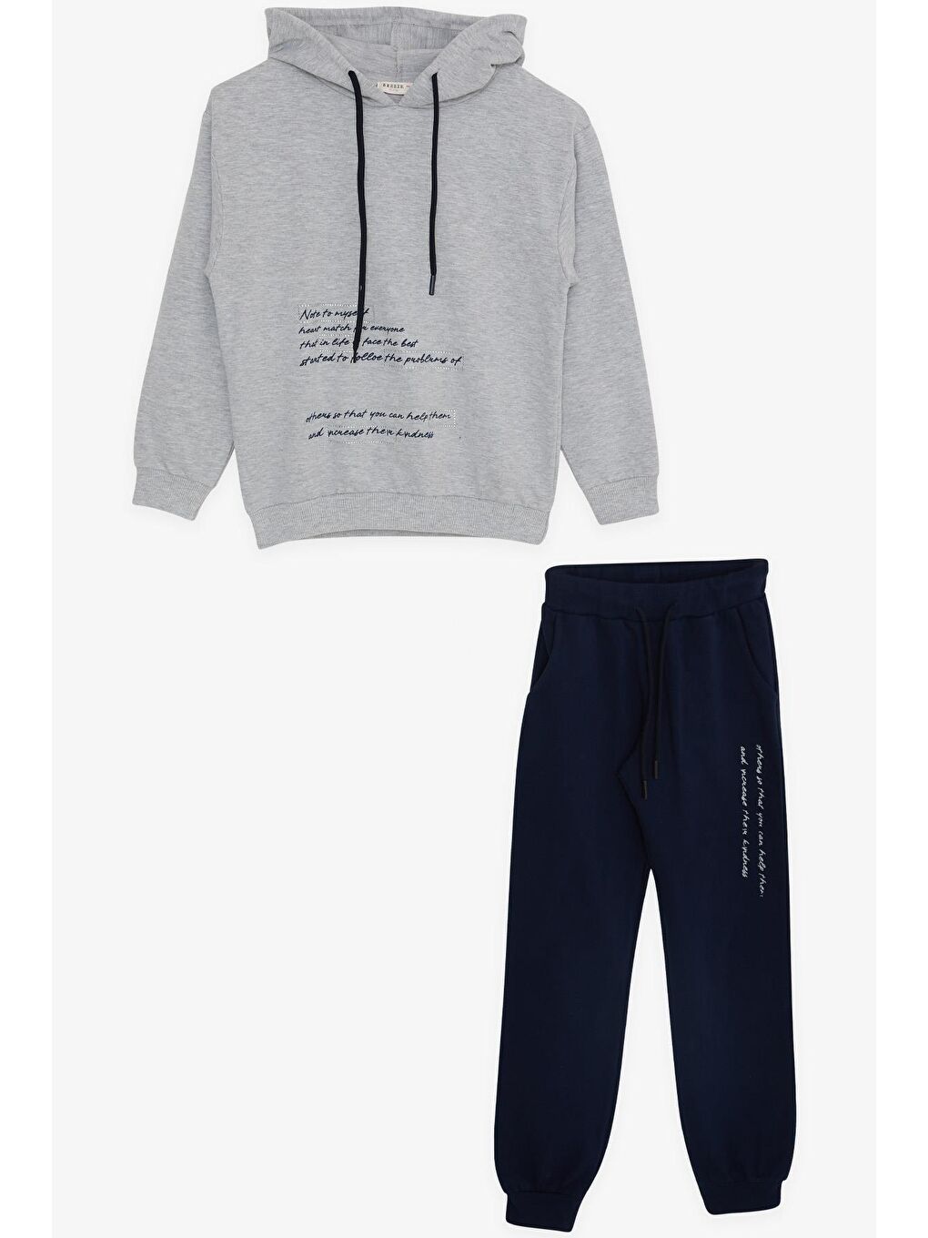 Kız Çocuk Eşofman Takım Taşlı Yazı Baskılı Kapüşonlu Gri Melanj (8-12 Yaş)