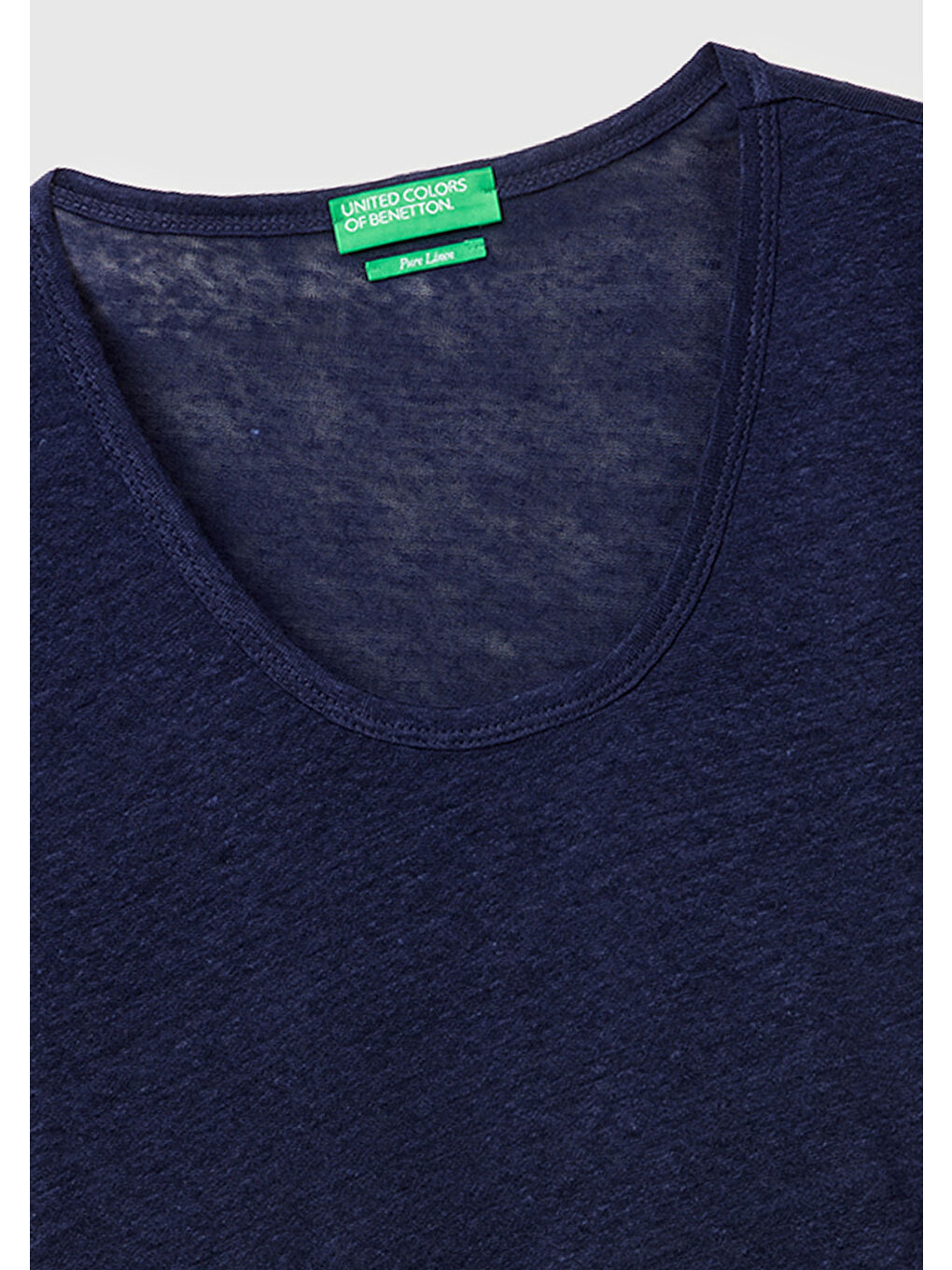 Kadın Lacivert %100 Keten Geniş Yaka Kısa Kollu T-Shirt-2