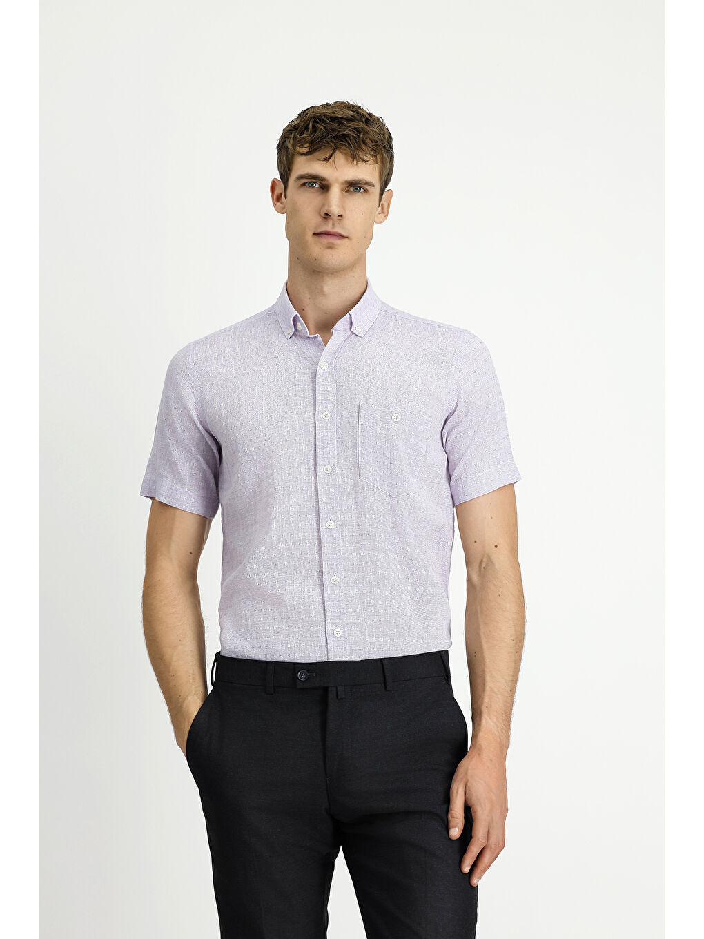 Lila Kısa Kol Regular Fit Desenli Düğmeli Yaka Pamuklu Keten Karışımlı Gömlek-3