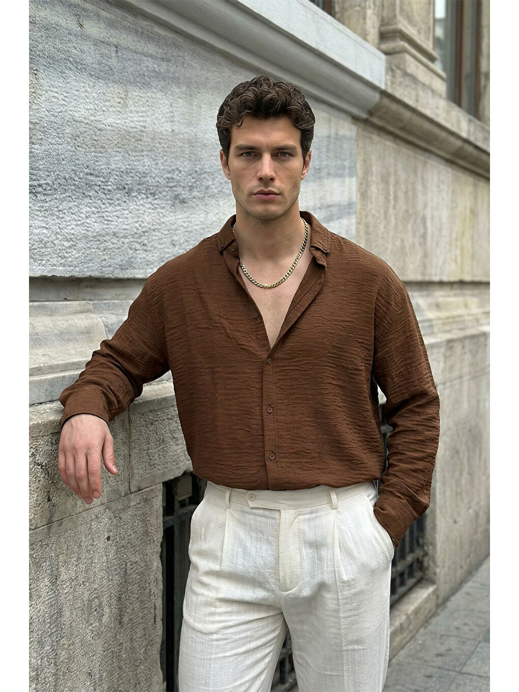 Kahverengi Somin Premium Erkek Oversize Keten Görünümlü Gömlek-6