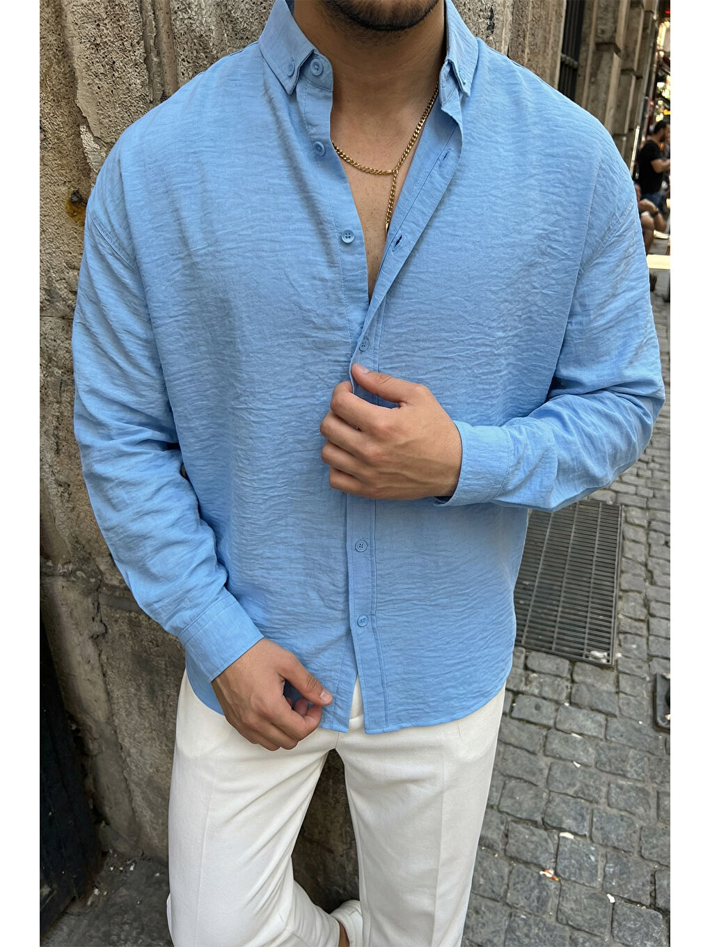 Mavi Somin Premium Erkek Oversize Keten Görünümlü Gömlek-6