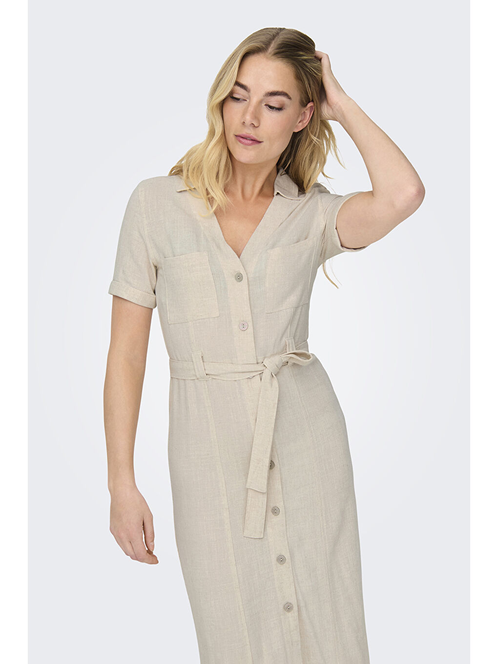 Bej Onlsiesta Keten Karışımlı Regular Fit V Yaka Midi Boy Cepli Elbise 15347210-2