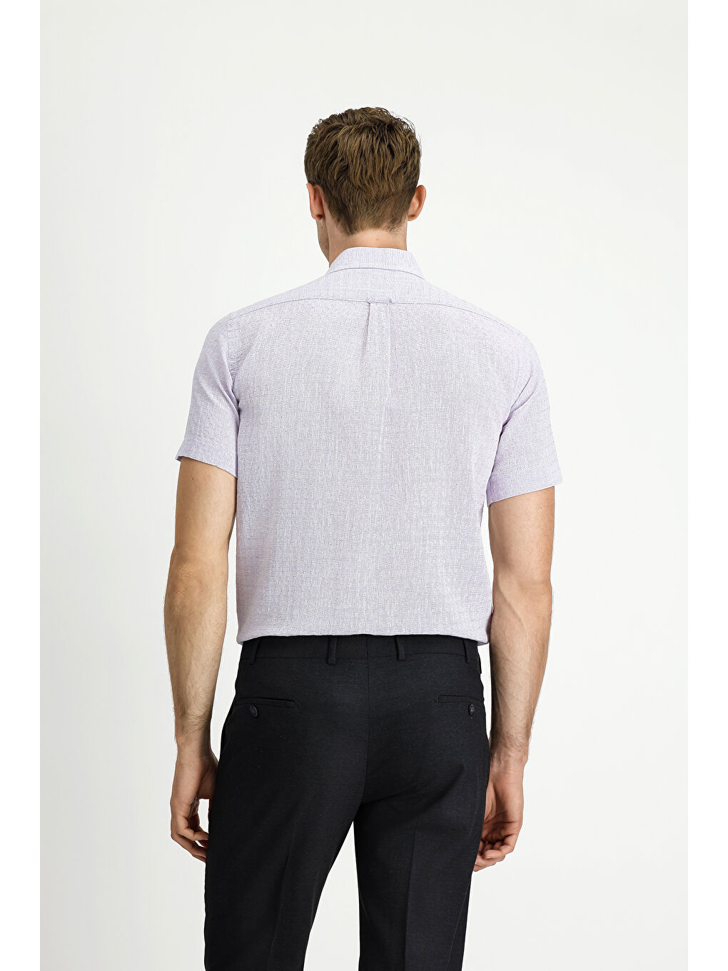 Lila Kısa Kol Regular Fit Desenli Düğmeli Yaka Pamuklu Keten Karışımlı Gömlek-4