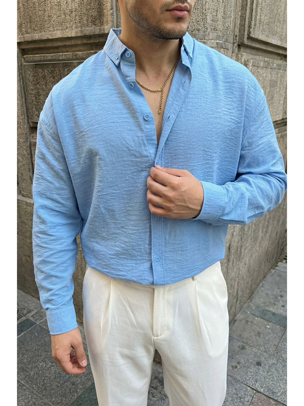 Mavi Somin Premium Erkek Oversize Keten Görünümlü Gömlek-7