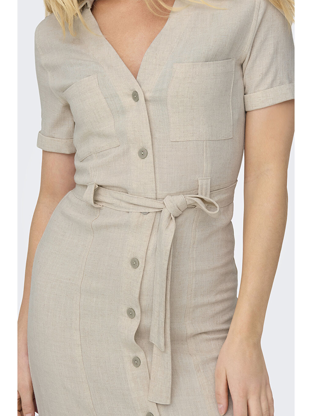 Bej Onlsiesta Keten Karışımlı Regular Fit V Yaka Midi Boy Cepli Elbise 15347210-3